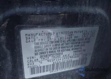 2015 Nissan Sentra Fe+ S/S/Sl/Sr/Sv from USA, damaged, VIN 3N1AB7AP5FY249916
